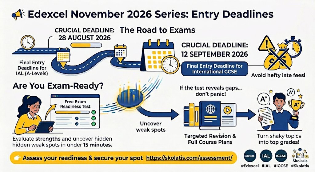 IGCSECentre's tweet photo. 📢 Edexcel November 2026 Series: Entry Deadlines   

✅ 28 August 2026: Final Entry Deadline for IAL  
✅ 12 September 2026: Final Entry Deadline for International GCSE  

🚦 Are You Exam-Ready? 
👉 Test your readiness:  https://t.co/XgZUYxM9Cf 

#Edexcel #Skolatis #IAL #IGCSE https://t.co/wDkhfFs81O