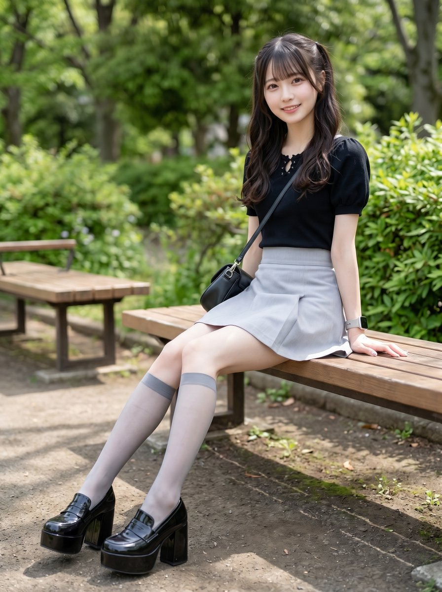 CampusGrams's tweet photo. 新緑の公園でベンチ休憩🌿🤍
ブラック×グレーでまとめたコーデに、シアーなグレーのハイソックスを合わせてみた✨
厚底ローファーとの組み合わせ、結構お気に入り👠

👇️ハイソックスはこちら
https://t.co/w8eIyrmd9A
#PR #AIart #ハイソックス 🍃 https://t.co/vfiqLUGQwR