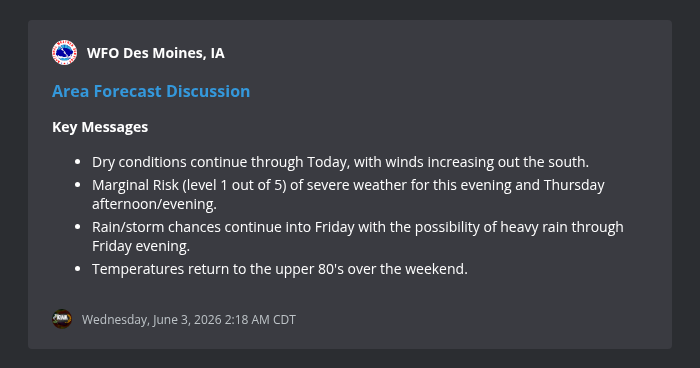 IowaWXNetwork's tweet photo. Area Forecast Discussion from WFO Des Moines, IA @ 6/3/2026 2:18 AM https://t.co/6dOB8SN2cs #iawx https://t.co/SpoAw72gJU