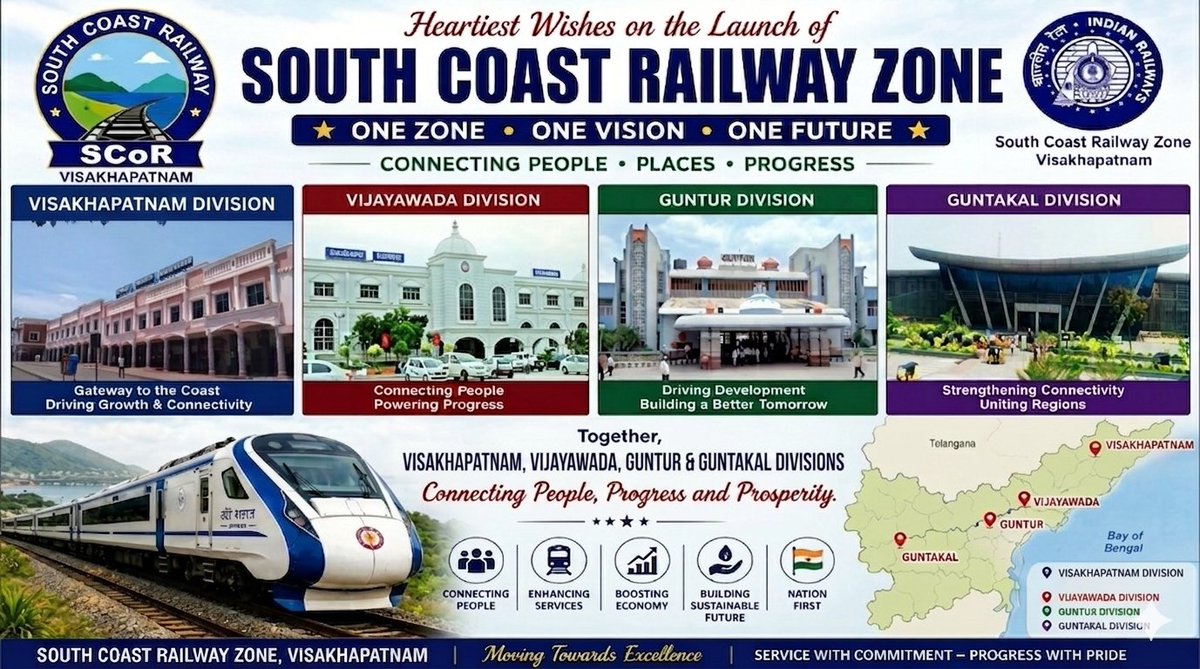 drmgnt's tweet photo. Connecting People, Places &amp; Progress! 🇮🇳

Celebrating the launch of the South Coast Railway Zone , Visakhapatnam. Together, Visakhapatnam, Vijayawada, Guntur &amp; Guntakal divisions are set to power prosperity with a sustainable, nation-first approach. 🚄💼

#SCoR #IndianRailways https://t.co/Odt9IWObr7