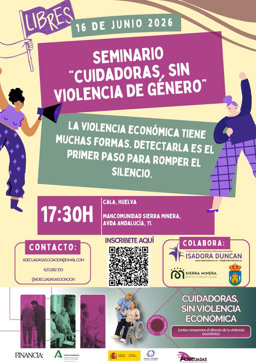 AdecuadasA's tweet photo. 💜 Cala acoge el próximo seminario de “Cuidadoras, sin violencia económica”

📅 16/06 · 17:30 h
📍 Mancomunidad Sierra Minera, Avda. Andalucía 11

Un espacio para hablar de cuidados y violencia económica

Con @isadoraduncan  Financia @IAMJunta https://t.co/s2mK1DccWj