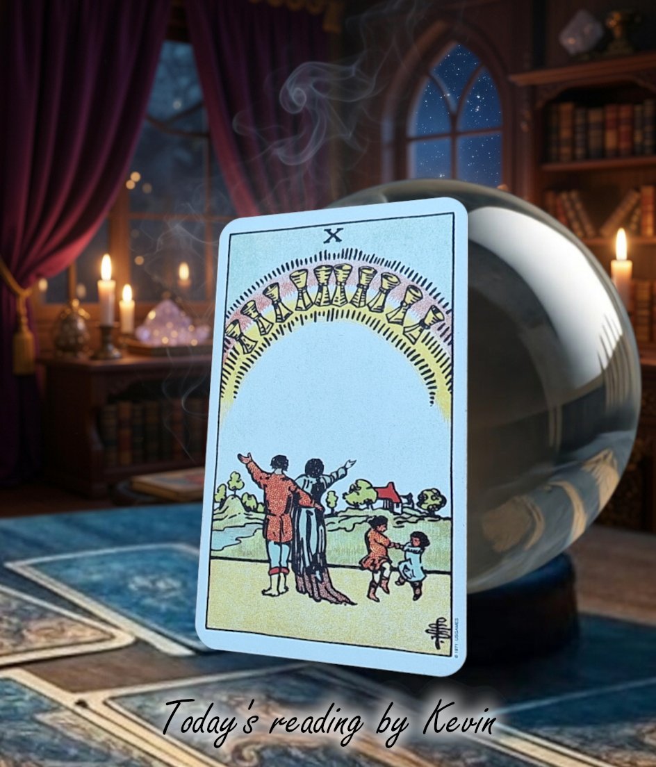 KevTarot's tweet photo. Yesterday the Hierophant highlighted the fact you're lacking vital information or knowledge. 
You sense that a connection still has a future, and you’re doing your best to stay positive. But the lack of clarity is making you anxious.

Right now what you could really use is a small, unmistakable sign - a nod of approval or a brief but meaningful conversation that says, "All is well." 
That would go a long way to easing your troubled mind.

And right on cue, the Ten of Cups arrives with exactly the reassurance you’ve been hoping for.  
Expect a subtle indication now that the emotional bond at the heart of a situation is as strong as ever. 
It may not be a grand declaration of love, but it will feel warm, sincere, and perfectly timed. 
A reassuring reminder that the rainbow you’ve been chasing is a lot closer than you think.