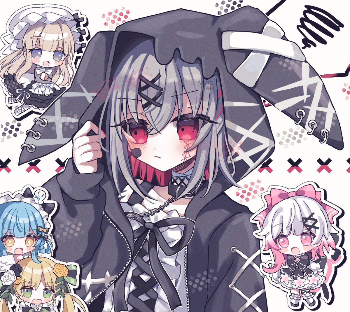 m_scyk's tweet photo. 🩶ゴシックロリータバンド衣装アリサ❤️‍🩹
(withメンバーたち)
 #まのさば二次創作 https://t.co/5vlvauk551