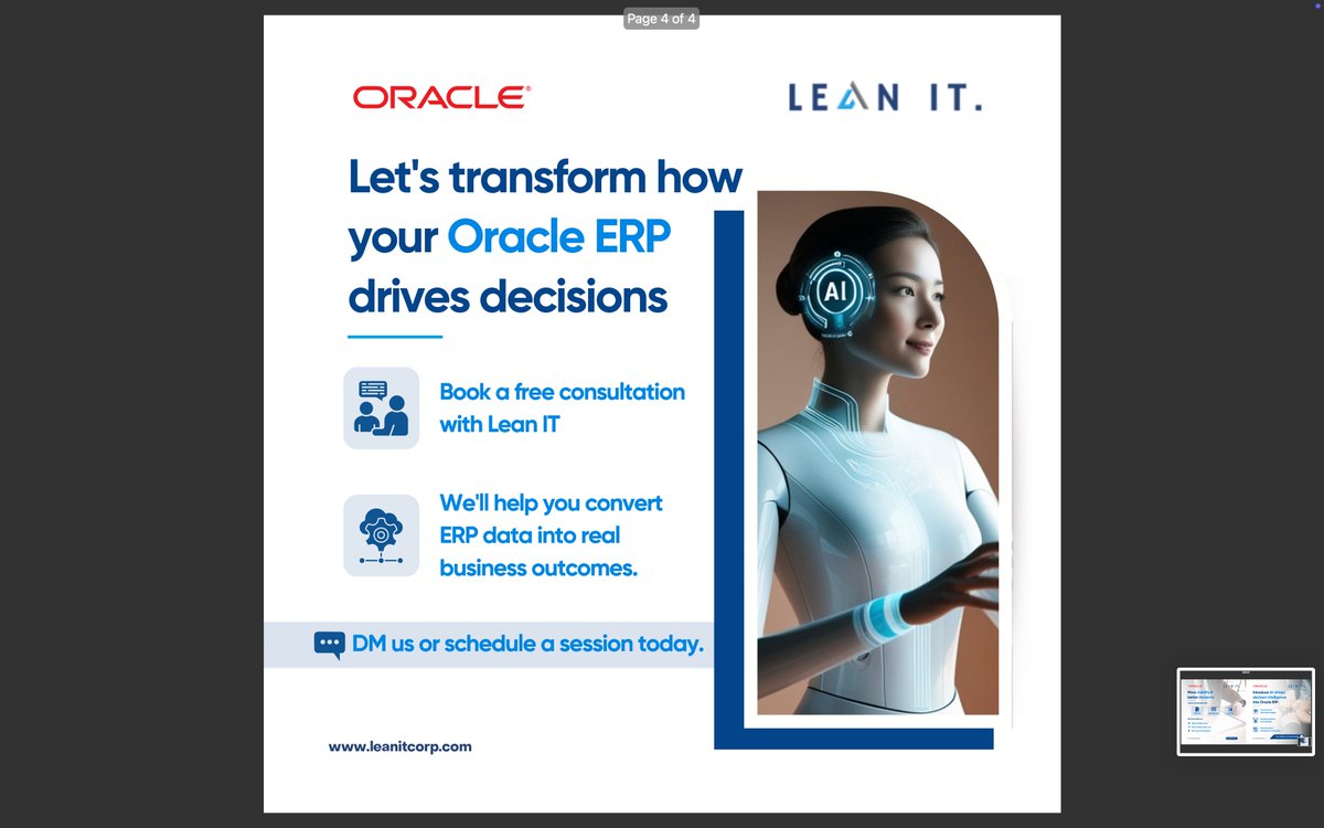 it28172's tweet photo. Most Oracle ERP environments don’t lack data.

They lack decision clarity.

AI turns reports into actions, helping leaders move faster and make smarter decisions.

Data informs. Decisions drive outcomes.

#OracleERP #EnterpriseAI #ERPTransformation #AIinERP https://t.co/FW59I53qro