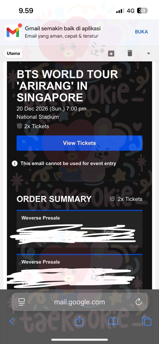 taeko0kie_'s tweet photo. WTS 
BTS ARIRANG IN SINGAPORE
2x CAT 5 for 20th december 
Side by side 
if you’re interest please dm < 

#BTSinSG #BTSinSingapore #BTSARIRANG_SINGAPORE #BTSTickets #BTSARMY #zonauang #BTS_ARİRANG https://t.co/uKolpku5uE