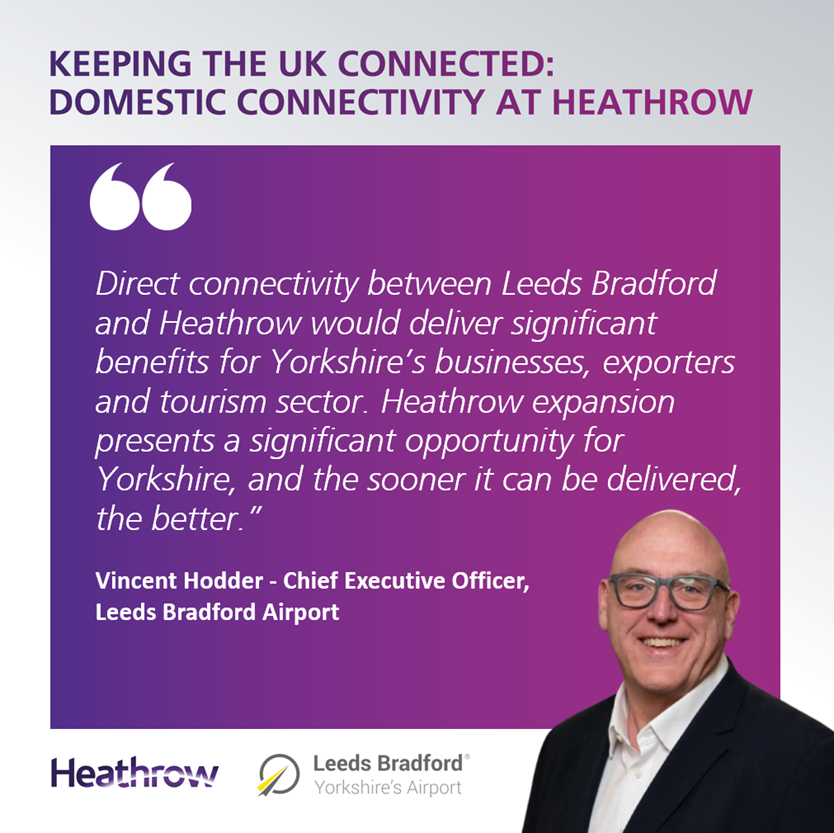HeathrowNews's tweet photo. Our latest report shows that a third Heathrow runway could mean a new daily route to #Yorkshire, boosting connectivity, creating new opportunities for local businesses and helping attract more visitors to the region.

That's why Tracy Brabin (Mayor of West Yorkshire) and Vincent Hodder (CEO of @LBIAirport) are backing our proposal for expansion.

To find out more about the benefits of Heathrow expansion for regions and nations across the country, click here➡️ https://t.co/jZR7C1Zyss