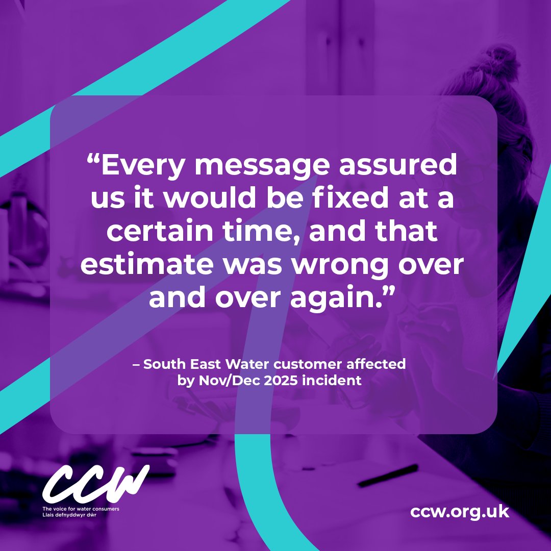 CCWvoice's tweet photo. Fewer than 1 in 10 affected customers were satisfied with South East Water’s handling of last winter’s water supply disruption.  
Our latest research with @Ofwat reveals the full extent of the impact on people’s day-to-day lives. https://t.co/Kc6WScgtk6