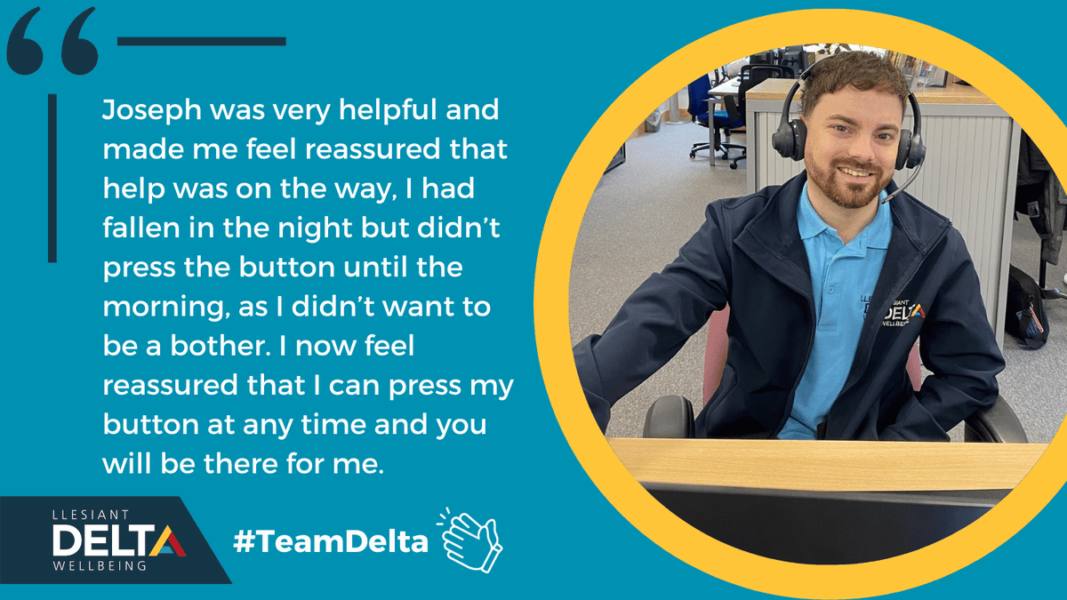 DeltaWellbeing's tweet photo. A big thank you to our adviser Joseph for providing reassuring support to a customer after a fall 👏

She waited until morning to press her   alarm, but now knows she can call us anytime, day or night.

You’re never a bother — we’re always here 24/7!

#TeamDelta #DeltaDirect https://t.co/OndRdUAoNp