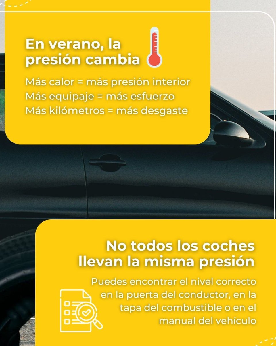 midas_es's tweet photo. Antes de arrancar tu viaje de verano, hay un detalle que marca la diferencia: una buena presión en los neumáticos ☀️🚗

Una presión bien ajustada mejora el agarre, optimiza el consumo y alarga la vida del neumático..

¡Tu seguridad es lo primero! 💛 https://t.co/vCpWr2p5iU