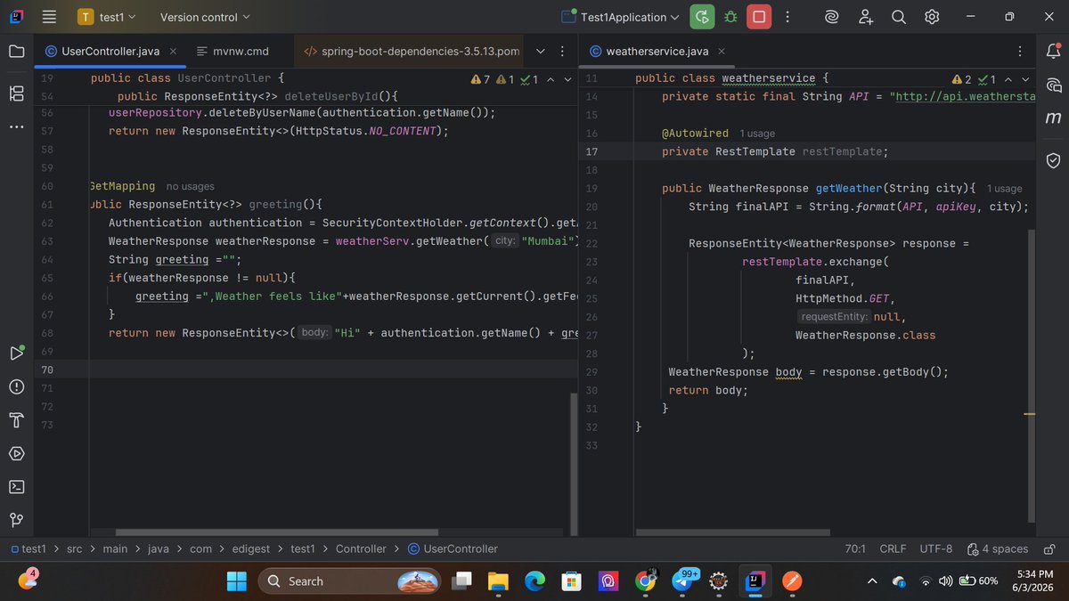 SahibpretSingh's tweet photo. Today my application stopped living in isolation 👇
Day 27/#120DaysOfCode 🚀
Integrated a Weather API 🌤️
Also worked with:
• Image BLOBs 🖼️
• Text file BLOBs 📄
• External API responses
#SpringBoot #Java #90DaysOfHard #BuildInPublic #LearnInPublic #Connect #Backend https://t.co/B4P0d3jyx9