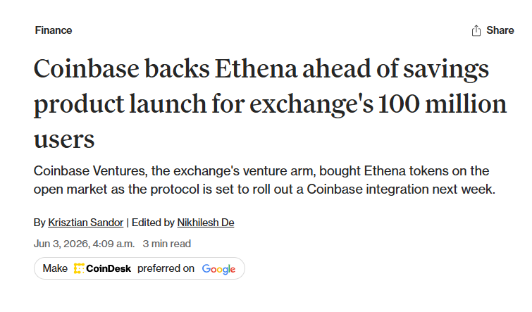 Myronhimself's tweet photo. 【Ethena x Coinbase，USDe 能躲過清晰法案的限制嗎？】

昨天(6/2)， @coinbase  宣布將引入 @ethena  ethereum:0x4c9edd5852cd905f086c759e8383e09bff1e68b3  ，下週推出相關美元儲蓄產品，同時 @cbventures  已通過公開市場購買 $ENA 作為投資目的，使得 ENA 逆勢上漲 25%。

綜合 Ethena、Coinbase、Guy Young (Ethena Founder)的公開說明，合理推測：

➤ 清晰法案（Clarity Act）禁止支付型穩定幣提供類似銀行存款利息的規範，可能影響 $USDC 提供被動收益的空間

➤ ethereum:0x4c9edd5852cd905f086c759e8383e09bff1e68b3 作為鏈上原生的合成美元，可能不受限於清晰法案的規範，這也對應到過去人們認為 USDe 透過 delta-neutral 產生收益，更類似於管理基金

➤ Coinbase Ventures 已完成公開市場購買 ENA 的操作，相比過去的私募投資或 @stablecoin_x  這類 DATs 的購買模式，這更可能是沒有折扣價的公開市場代幣收購

-

總結

確實沒想過 Ethena 聚合頭部交易所的行動還沒結束，這次是趁清晰法案未定之際，搶佔美國交易所的穩定幣市場。

但嚴格來說，在清晰法案還沒有完全敲定之前，誰也無法保證 USDe 是否能豁免於此，只能稱得上 Coinbase 提前做出的保險措施吧。

但至少讓我那些被鎖倉等釋放的 ENA 有一點出貨的機會了。。

-

● 以上內容皆不構成投資建議(NFA)，請用戶根據自身的風險承受能力進行操作，DYOR謹慎參與投資市場

● 附圖取自 CoinDesk
