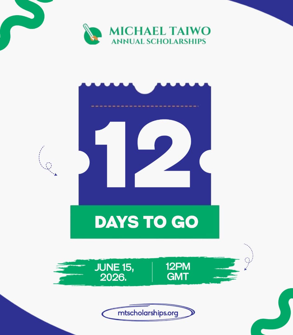 MtScholarships's tweet photo. 12 DAYS TO GO!

What MT Scholarships Offers

The 2026 Michael Taiwo Scholarships application cycle opens soon, and this could be the opportunity that transforms your academic future.

Whether you're preparing for a master's or a PhD, we've designed a comprehensive support package to help you compete confidently and successfully:

1. Application fees paid for up to six graduate schools. 
2. Four additional score report fees covered. 
3. Payment of standardized exams (GRE, TOEFL, IELTS). 
4. Transcript evaluation via WES.
5. One-on-one mentorship with seasoned scholars and professionals
6. Tailored guidance every step of the way, from choosing schools to crafting a winning application.

At MT Scholarships, we do more than support aspirations; we invest in people. Every year, we help talented individuals access opportunities that may have seemed out of reach.

Your dream is valid. Your preparation starts now.

Applications Open: June 15, 2026

Time: 12:00 PM GMT