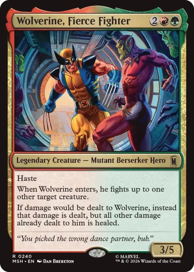 ShadowHopper_'s tweet photo. Did AI write the rules text on this @wizards_magic?

I thought it should read "If damage would be dealt to Wolverine, remove all other damage." https://t.co/YyB0dZocSp
