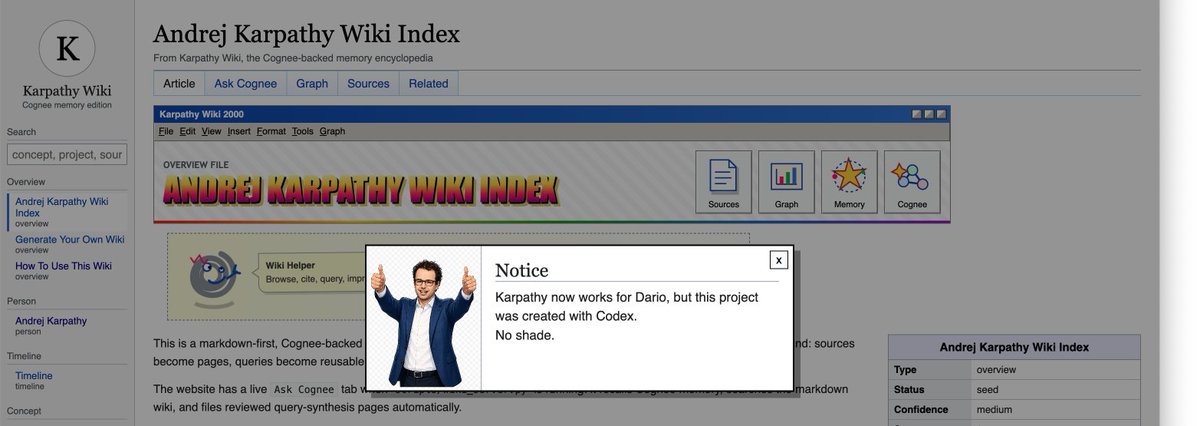 tricalt's tweet photo. A self-growing wiki of Andrej Karpathy's public work:

https://t.co/r3E9euxnyY 

I created one simple place to consolidate all of Karpathy's stuff, like his essays, courses and GitHub projects.

You can browse it like a normal wiki, or ask it a question. Every answer cites the underlying source and gets saved as a new page, so asking a question is the same as editing the wiki.

I think it feels closer to Wikipedia than to a chatbot.

This project is not affiliated with @karpathy and all material is public.

The engine I created is a template, so you can point it at any topic and build your own wiki