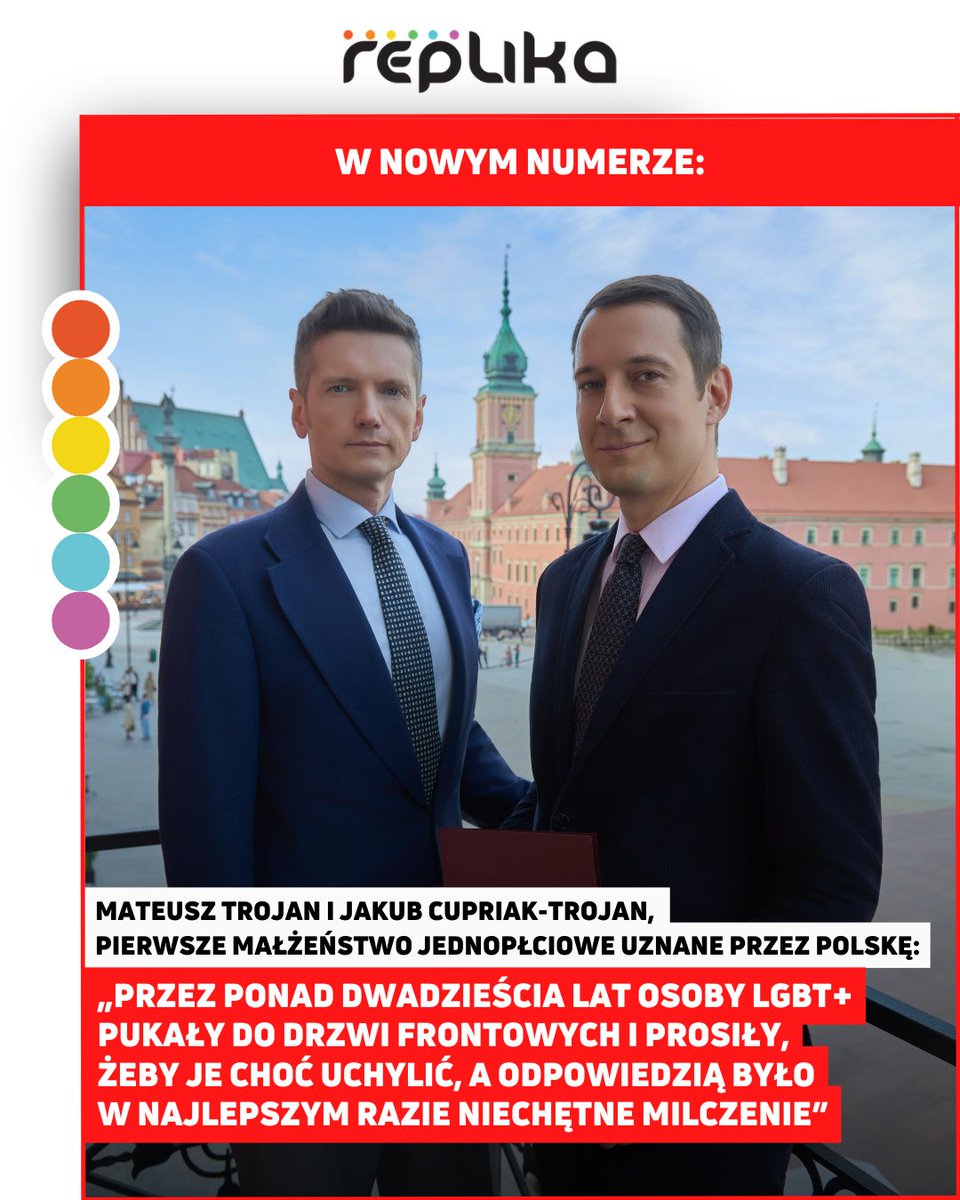 magazynreplika's tweet photo. 🏳️‍🌈 Siedem lat. Tyle trwała walka o uznanie jednopłciowego małżeństwa przez polskie państwo!

Maj 2026 roku zapisze się na stałe w tęczowej historii Polski, a wszystko to dzięki Mateuszowi i Jakubowi oraz ich zespołowi prawniczemu.

👉 https://t.co/pRoCOOyeag https://t.co/ig1eG44a8Q
