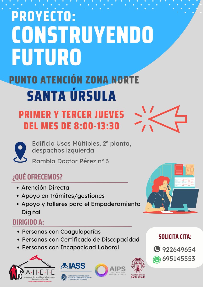 AHETE_'s tweet photo. ✅ Para más información no dudes en ponerte en contacto: 922.649.654 o 695.145.553 ☎️. 

#ahete #proyectoconstruyendofuturo #atencionsocial #coagulopatias #personascondiscapacidad #empoderamientodigital #zonanorte https://t.co/2rxyux51b5