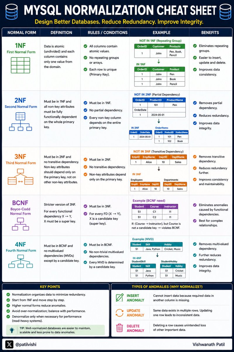 patilvishi's tweet photo. Database Normalization is one of those topics every developer learns...

But many forget the difference between

✅ 1NF
✅ 2NF
✅ 3NF
✅ BCNF
✅ 4NF

A well-normalized database:
• Reduces redundancy
• Improves data integrity
• Prevents update anomalies
• Makes systems easier to maintain

Here's a quick MySQL Normalization Cheat Sheet 👇

Save it for your next system design or database interview...