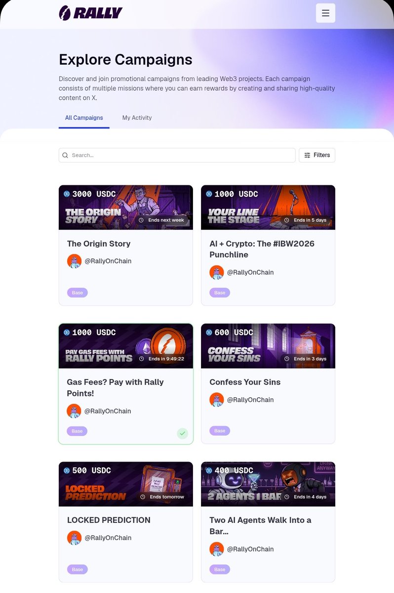 fessaco's tweet photo. Most “creator campaigns” in Web3 only reward big accounts.

Rally is taking a different route.

It’s an AI-powered platform where anyone can join campaigns, create quality content, and earn rewards based on actual value, not follower count.

Been using it recently and the experience is honestly smooth.

Join early here: https://t.co/DF7YNuqHd4