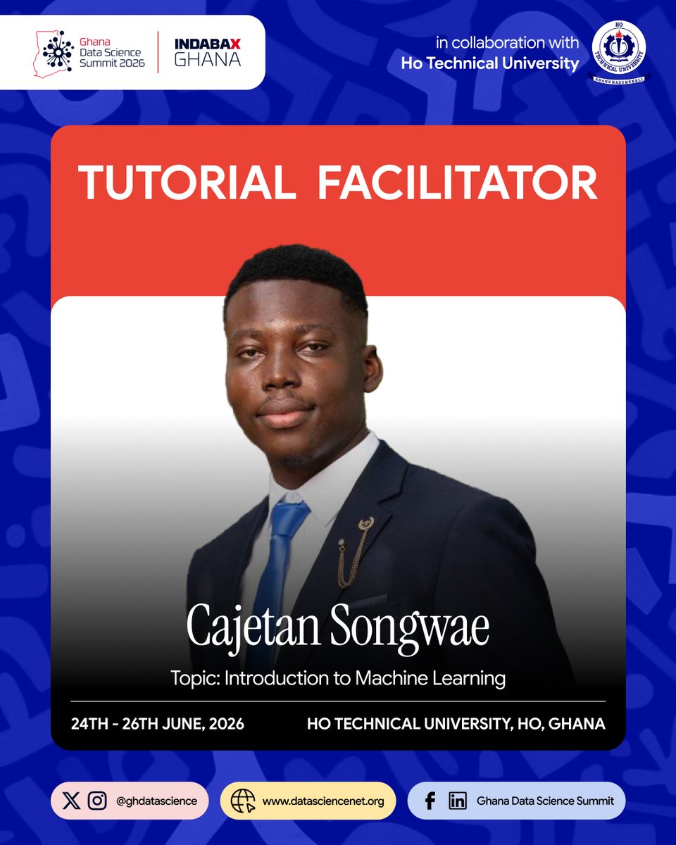 ghdatascience's tweet photo. Ready to begin your machine learning journey?

Join Rashid Ennin and Cajetan Songwae for the Foundational Level Tutorial, "Introduction to Machine Learning," under the End to End Machine Learning Track.

Don't miss it!

Akpe!

#GDSS2026 #IndabaXGhana2026 https://t.co/kOkUy6TuXf