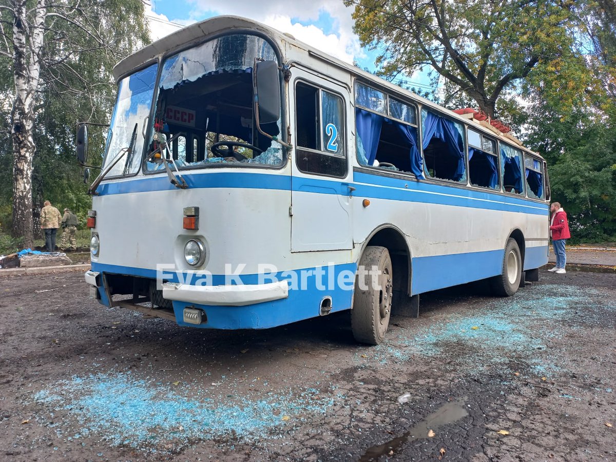 EvaKBartlett's tweet photo. Ukrainian terrorists targeted and hit a long distance civilian passenger bus northeast of Donetsk, killing 7 people. 

Ukraine has been hitting buses with drones and artillery for years, slaughtering trapped passengers who are often burned alive.

"7 people were killed and 11 injured after a UAF drone strike on a regular bus Moscow - Simferopol in the city of Yenakiieve - head of the DPR Denis Pushilin."
https://t.co/EDhHhnBN9M

My posts from Donetsk after Ukraine terror bombed buses:

*warning: graphic footage: Ukraine's terrorism of Donetsk today, killing six civilians in a very central area of the city, where there are no military targets, only Donetsk civilians.  
https://t.co/WSBa6WyEfM
https://t.co/hiIDesCe2t

*Heavy Ukrainian shelling of central Donetsk on April 28 killed 9 civilians, including an 8 year old girl, and injured at least 16 more. Most of the dead were burned alive when the minibus they were in was hit by a shell.
https://t.co/afGZ8poJSO
https://t.co/c5hdmTftMe

https://t.co/rN83P4yw9k

*This morning's driver had just finished a round of his route, was taking a break for coffee and due to leave in 8 minutes when the shell struck.  He was not injured, but definitely traumatized by the thought that  just minutes earlier/later and he would have been killed. A journalist with us showed me a small piece of the shell, noting that this type isn't designed to destroy military equipment, but to break into fragments and inflict more damage against whoever happened to be in the way. And Ukraine is firing them on residential areas.
https://t.co/UpBOQA11mZ