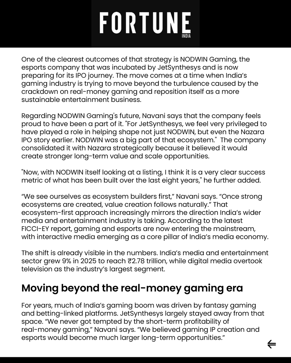 JetSynthesys's tweet photo. India has one of the world's largest video gaming communities, but the bigger opportunity lies in creating more value through original IP, global platforms, AI-led innovation and international partnerships.

In recent interviews with Fortune India and The Times of India, our Founder & CEO, @NavaniRajan, shares why the next chapter of India's gaming growth will be defined not just by playing and developing games, but by building globally relevant brands, experiences and ecosystems.

Read the full article - 
Fortune India: https://t.co/WghLXzbxQu