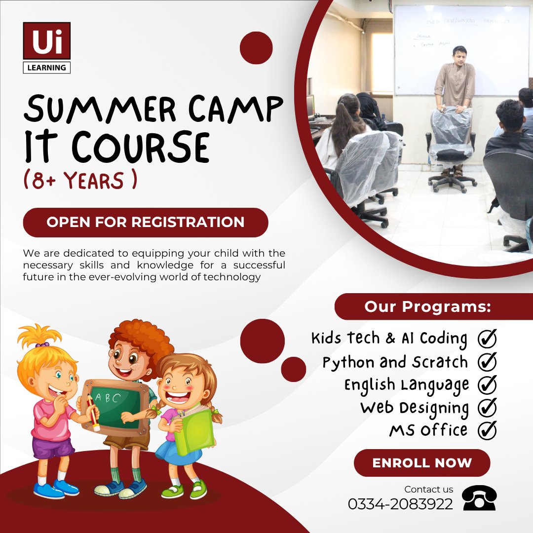 UILearning's tweet photo. ๐ SUMMER CAMP IT COURSE 2026 โ Admissions Open! โ๏ธ๐ป
Give your child a productive and exciting summer by learning future-ready digital skills! ๐
https://t.co/QfPXxMX3Zo
#SummerCamp2026 #KidsCoding #AIForKids #UILearningInstitute #Karachi #Pakistan https://t.co/QZtLpFAVCN