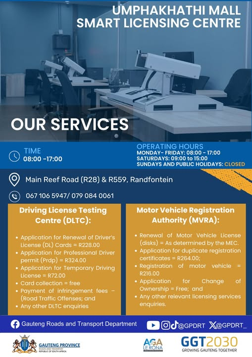 GPDRT_'s tweet photo. DLTCs | Umphakhathi Mall Smart Licensing Centre.

The Umphakhathi Mall Smart Licensing Centre, operated by the Gauteng Roads and Transport Department, offers services for driver's license renewals and smart driver testing, enabling residents to complete licensing procedures seemlessly.

Please note that SMART DLTCs operate until 17:00 during weekdays and until 15:00 on Saturdays.

Get licensed today!
#GrowingGautengTogether #AgaLeRona