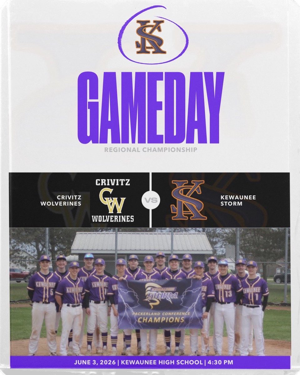 KewauneeBsbl's tweet photo. Game day! The Storm host Crivitz tonight for the regional final. First pitch is set for 4:30 PM. Let’s keep it rolling! #play4owen #stormnation⚡️ https://t.co/tFXurYvc4f
