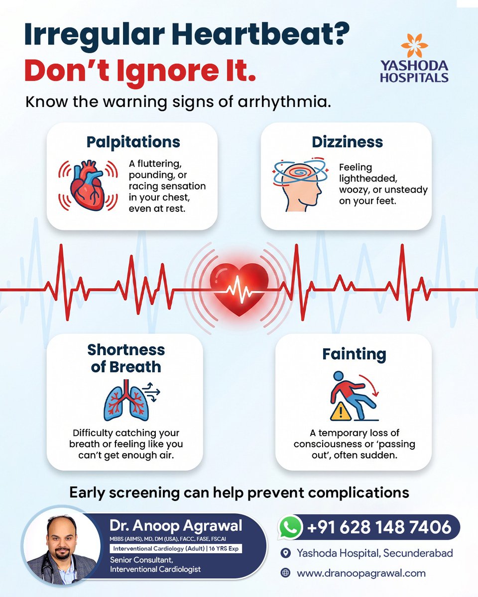 Anoop_Agr's tweet photo. Irregular heartbeat? Don’t ignore it.

For further queries, contact Dr. Anoop Agrawal
📍 Yashoda Hospital, Secunderabad
🌐 https://t.co/Hl6CVWRzjz
WhatsApp: +91 62814 87406

#ArrhythmiaAwareness #YashodaHospital https://t.co/dY1NAtlgdG