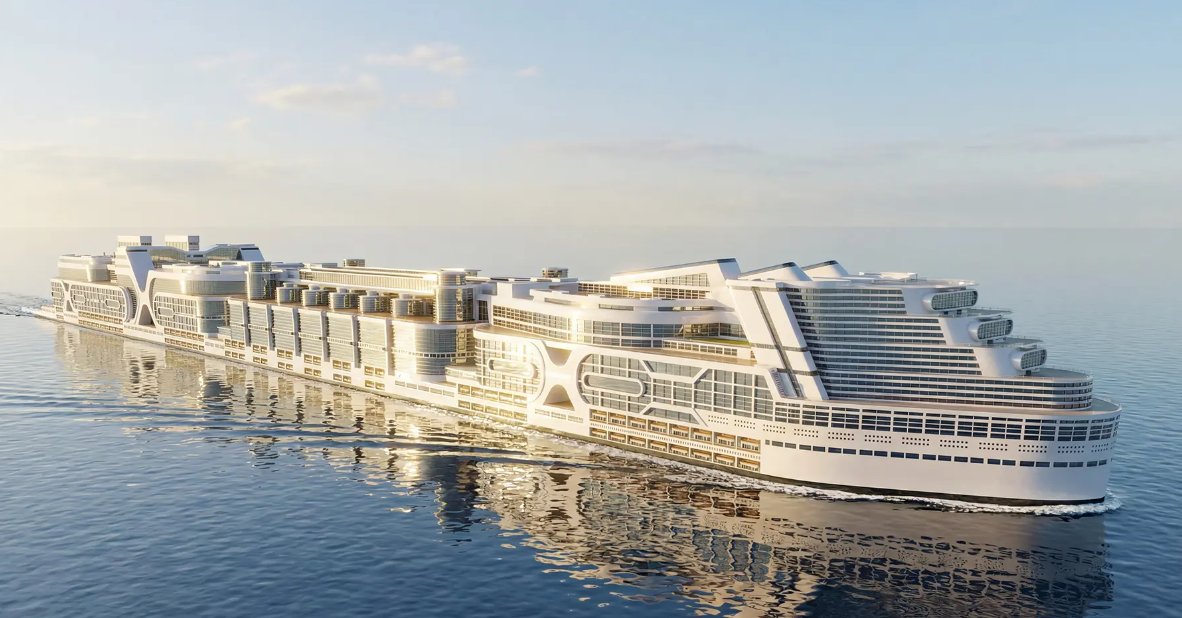 BullTheoryio's tweet photo. BREAKING: A company is planning to build a nuclear powered floating city that will never dock at any port on Earth.

The Freedom Ship would house 80,000 people, 50,000 permanent residents, 20,000 crew, and 10,000 daily visitors and circle the globe continuously at 7 knots, completing one full lap every 2 to 3 years. 

It would be 8 times larger than the world's current largest cruise ship.

On board: schools, colleges, hospitals, hotels, banks, museums, a water park, green spaces, and a 15,000-seat stadium. 

Too large to dock at any port, residents would reach land by ferry, helicopter, and shuttle boat.

It would be powered entirely by nuclear energy, sail permanently in international waters, and cost $16.16 billion to build. Construction would begin in Indonesia once funding is secured, estimated completion in 3 to 4 years.

The concept was first proposed 30 years ago. The CEO says they can build it. 

The only thing missing is the money.