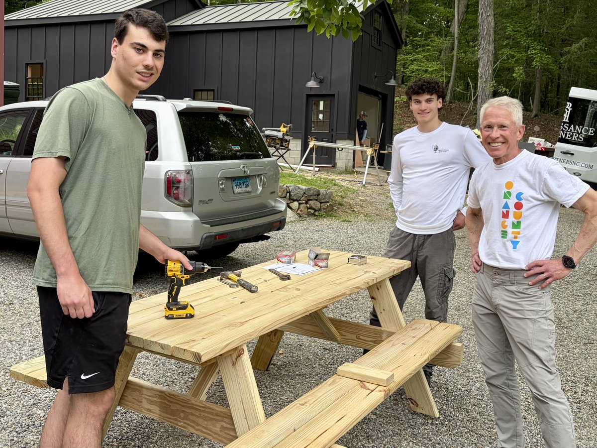 nchscolcar's tweet photo. SR SIPsters in the community doing good things...At @NC_Land_Trust  headquarters, Board Member Tom Robey, Summer Steward Intern Coordinator Nic Wickham-White, and @NCHS_CT  interns Eli Barlow and Matthew Riley built new picnic benches for the Barbara Johansen Pollinator Garden. https://t.co/DtTMp8ZATb