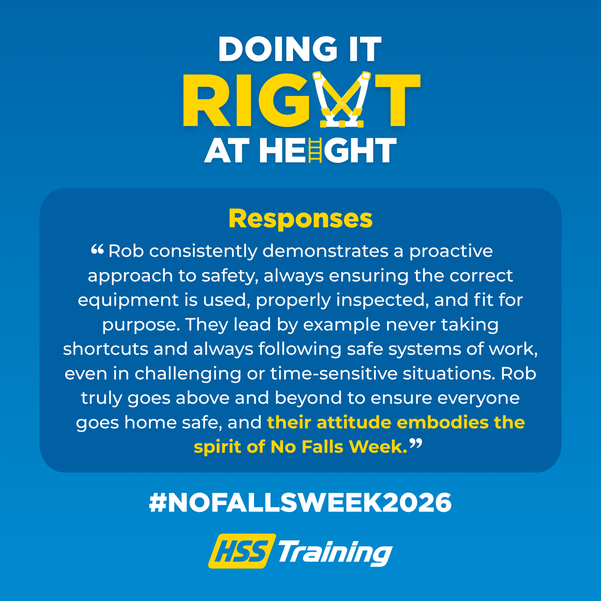 HSSTraining's tweet photo. Thank you to everyone who got involved in our No Falls Week campaign and helped us recognise those Doing It Right At Height. Those who have been nominated will be receiving their recognition shortly. 

Here are just a few of the nominations we received throughout the week.👇 https://t.co/irzvzndyHr