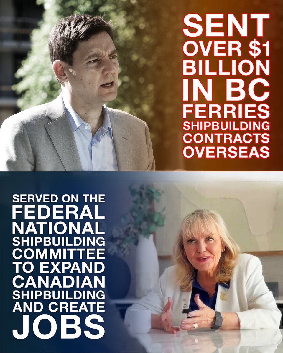 KerryLynneFindl's tweet photo. While David Eby tries to label me, our record shows something very different.

I served on the federal National Shipbuilding Procurement Ministerial Committee, where we worked to expand Canadian shipbuilding and create jobs here at home.

Under David Eby and the NDP, over a billion dollars in BC Ferries shipbuilding contracts were awarded to foreign shipyards overseas, sending jobs and economic benefits out of British Columbia.

They can keep the labels. I’ll focus on results.
