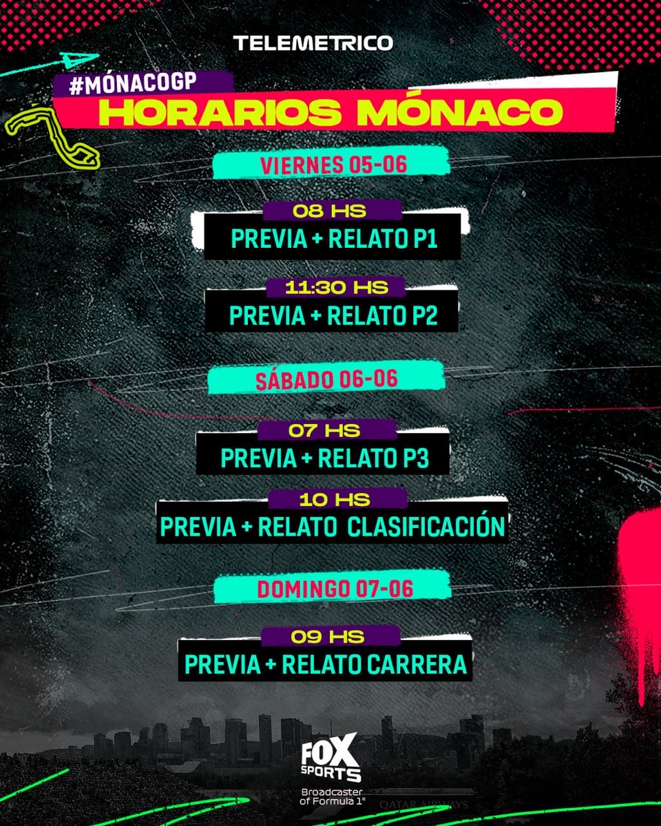 f1andersen's tweet photo. Hola a todos! Este finde hay carrera en Mónaco y es una de las diferidas de Fox Sports (Mónaco, Silverstone, Zandvoort, Monza, Singapur…).

Eso significa que vamos a estar con el relato en vivo pero la transmisión con imágenes sale más tarde. Así que acá les dejo los horarios 👇🏼 https://t.co/K6CP3uXURq