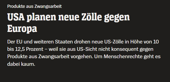 Sunnymica's tweet photo. Die Meldung lautet: Trump plant neue Zölle. Eigentlich ist es aber auch eine kleine Lehrstunde in Selbstdemontage.
Wochenlang hat die EU – allen voran Friedrich Merz und seine EVP – ihr eigenes Lieferkettengesetz zerlegt. Begründung: Bürokratie, Wettbewerbsfähigkeit, Entlastung. Menschenrechte entlang der Lieferkette? 

Zu teuer, zu kompliziert, raus damit. Aus dem Tiger wurde ein Stofftier. Die Kontrolle der Menschenrechte wurde dem neuen Gott namens Bürokratieabbau geopfert.
Und jetzt kommt Donald Trump und droht 60 Volkswirtschaften mit Zöllen von 10 bis 12,5 Prozent – ausgerechnet mit dem Argument, sie täten zu wenig gegen Produkte aus Zwangsarbeit.

Man muss das einen Moment wirken lassen.

Natürlich glaubt kein Mensch, dass Trump die Uiguren am Herzen liegen. Der Supreme Court hat seine alten Zölle gerade als rechtswidrig kassiert, jetzt braucht er einen neuen Vorwand – und „Zwangsarbeit“ klingt eben hübscher als „Ich will einfach Zölle“. 

Sein Handelsbeauftragter nennt den wahren Grund gleich selbst: ungleiche Wettbewerbsbedingungen für amerikanische Arbeiter. Menschenrechte sind uns wumpe – aber unsere Arbeiter kosten nun mal mehr als Zwangsarbeiter anderswo. Das Argument ist also nur der Türöffner für den US-Protektionismus.

Aber das ist nicht der peinliche Teil.
Der peinliche Teil ist, dass Brüssel sich nicht einmal mehr empören kann. Wer sein eigenes Menschenrechtsinstrument freiwillig schreddert, kann es schlecht zur Verteidigung hochhalten. 

Die EU hat die moralische Hochebene selbst geräumt – und jetzt steht ausgerechnet ein Zyniker da oben und schwingt die Fahne, die sie gerade eingeholt hat. 

Und man muss kein Stratege sein, um zu sehen, wer hier wem die Vorlage geliefert hat: Wer monatelang laut über die „Entbürokratisierung“ seiner Menschenrechtsstandards debattiert, darf sich nicht wundern, wenn genau dort jemand den Hebel findet.

Heuchelei trifft auf Entwaffnung. Willkommen in 2026.