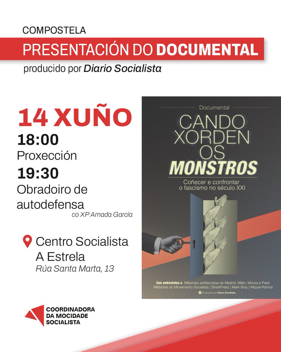 CMS_Compostela's tweet photo. 📽️ | CANDO XORDEN OS MONSTROS. Coñecer e confrontar o fascismo no século XXI

O vindeiro domingo 14 no Centro Socialista A Estrela presentamos o documental producido por @DSocialista_ 
Contaremos tamén cun obradoiro de autodefensa xunto ás compañeiras do XP Amada García. https://t.co/tAPRQ3alW2