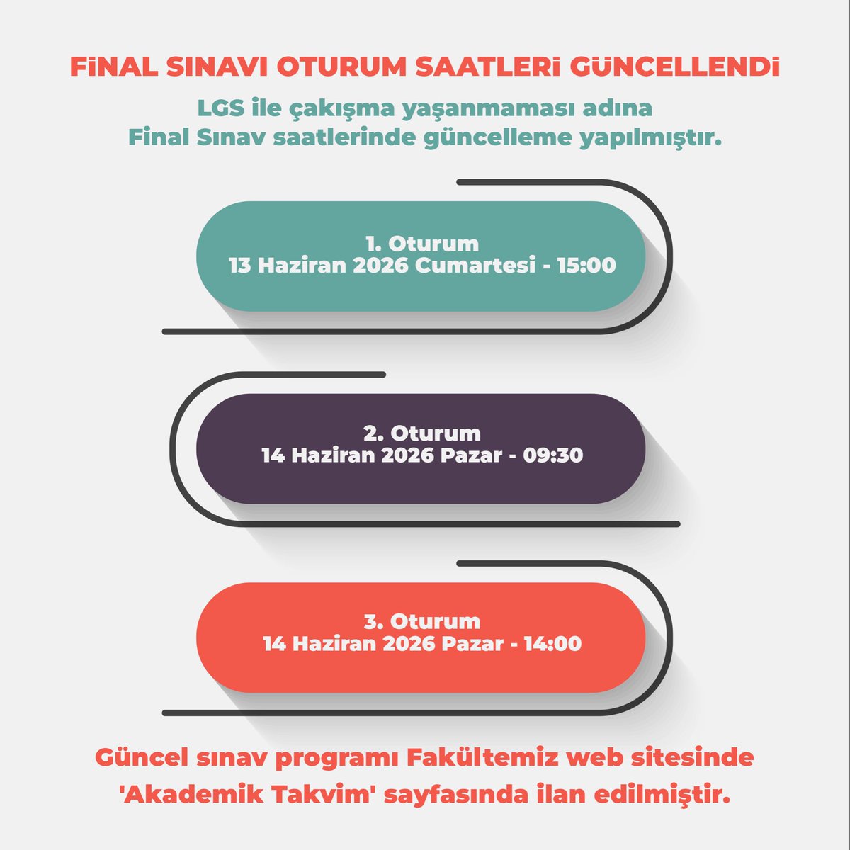 ATA_AOF's tweet photo. Final Sınavı Oturum Saatleri Güncellendi

LGS ile çakışma yaşanmaması adına Final sınav saatlerinde güncelleme yapılmıştır.

#ATAAÖF #AçıkveUzaktanÖğretimFakültesi

📲 ATA-AÖF’ün Tüm Sosyal Medya Hesapları Tek Linkte
🔗 https://t.co/A4goqLWdKO https://t.co/QGuampsyvi