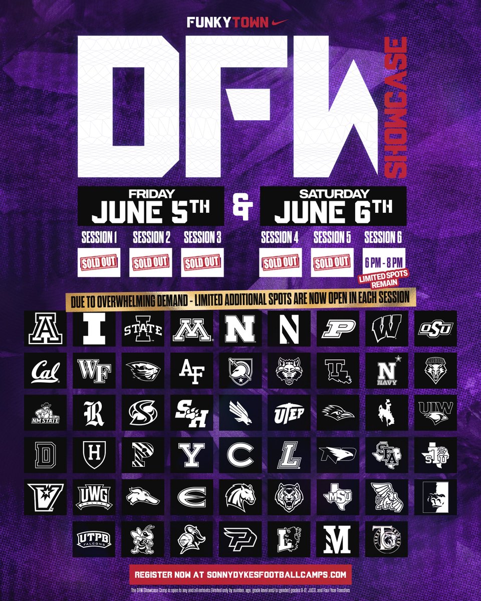 TCUFootball's tweet photo. 🚨 ONLINE REGISTRATION CLOSES TODAY 🚨

VERY FEW spots remain open so sign up for this weekend's #DFWShowcase while there is still time!

Sign Up » https://t.co/HOg1b4cHKa https://t.co/ODtlLRw9GK