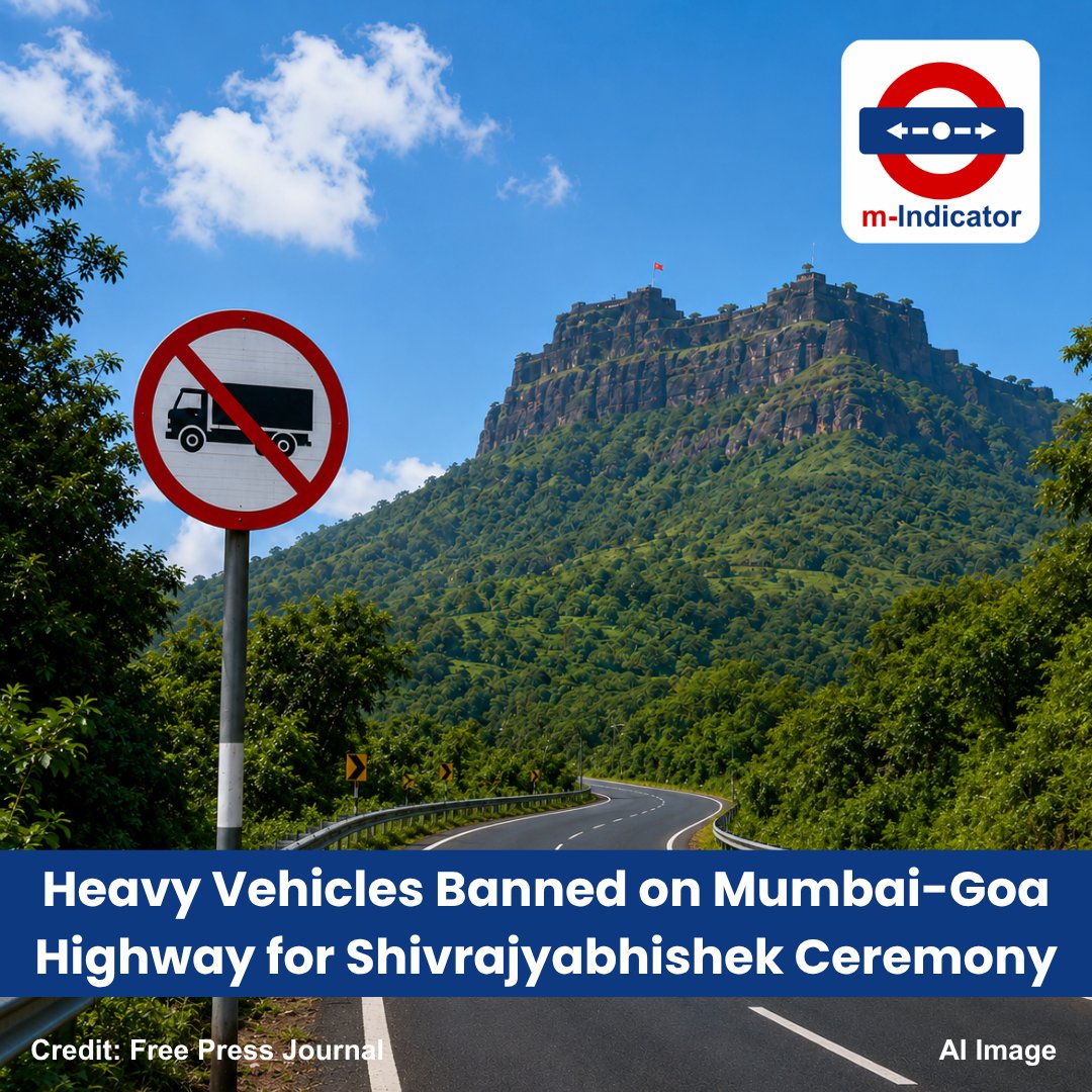 m_indicator_app's tweet photo. Traffic Alert: Heavy and oversized vehicles are banned on parts of the Mumbai-Goa Highway and Raigad Fort routes from 4 pm, Jun 5 to 10 pm, Jun 6 for Shivrajyabhishek Ceremony 2026. Essential services exempt.

#TrafficUpdate #mIndicator

https://t.co/IrZXSQkjDT

Credit: FPJ https://t.co/OPJ24ZhC3o