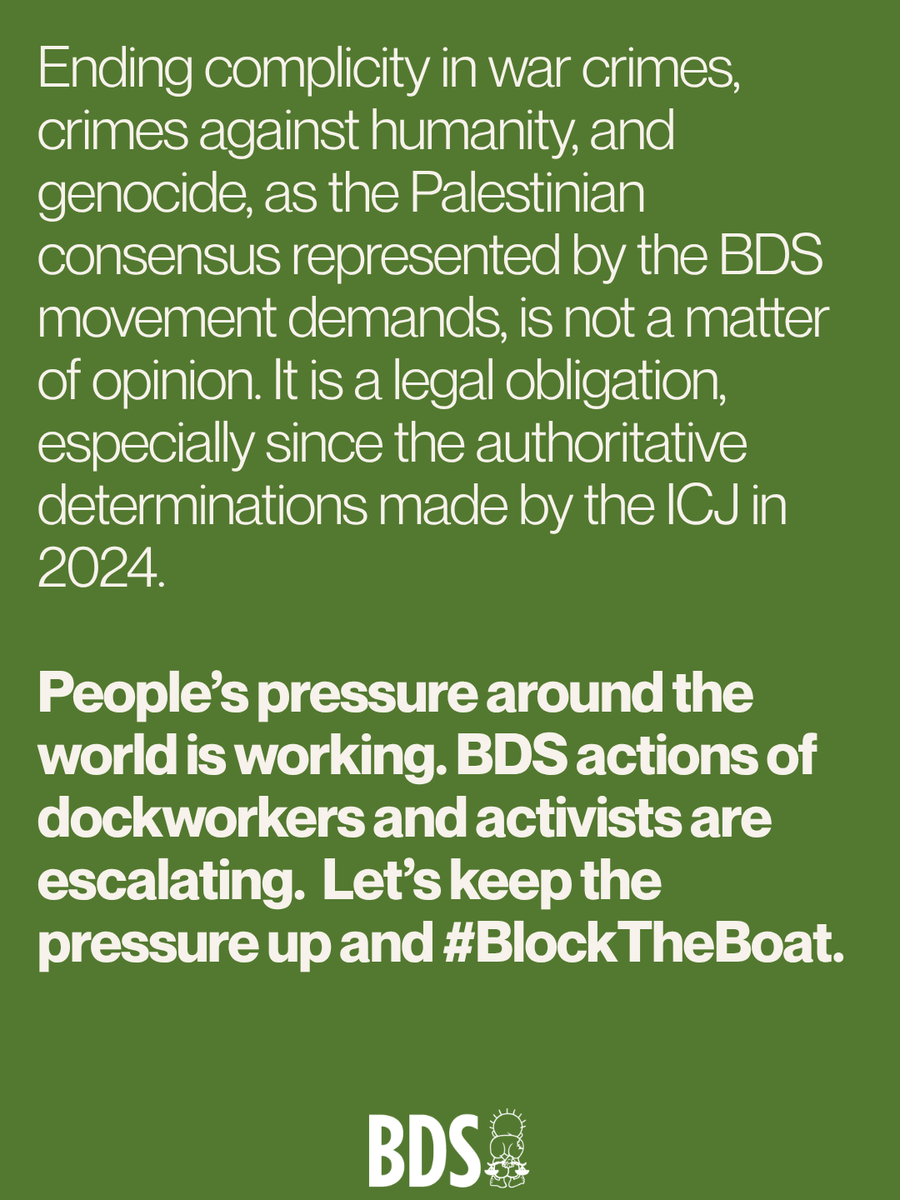 BDSmovement's tweet photo. People’s pressure around the world is working.
BDS actions of dockworkers and activists are escalating.
Let’s keep the pressure up and #BlockTheBoat. https://t.co/z3ESe17veQ