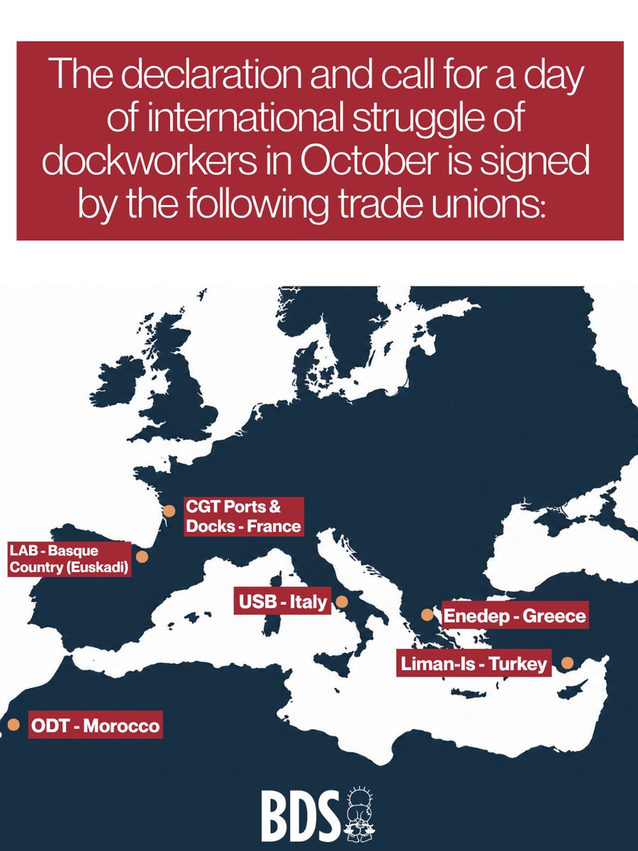BDSmovement's tweet photo. The declaration and call for a day of international struggle of dockworkers in October is signed by the following trade unions:

CGT Ports and Docks - France
USB - Italy
Enedep - Greece
LAB - Basque Country (Euskadi)
Liman-Is - Turkey
ODT - Morocco https://t.co/3qrxLWM814