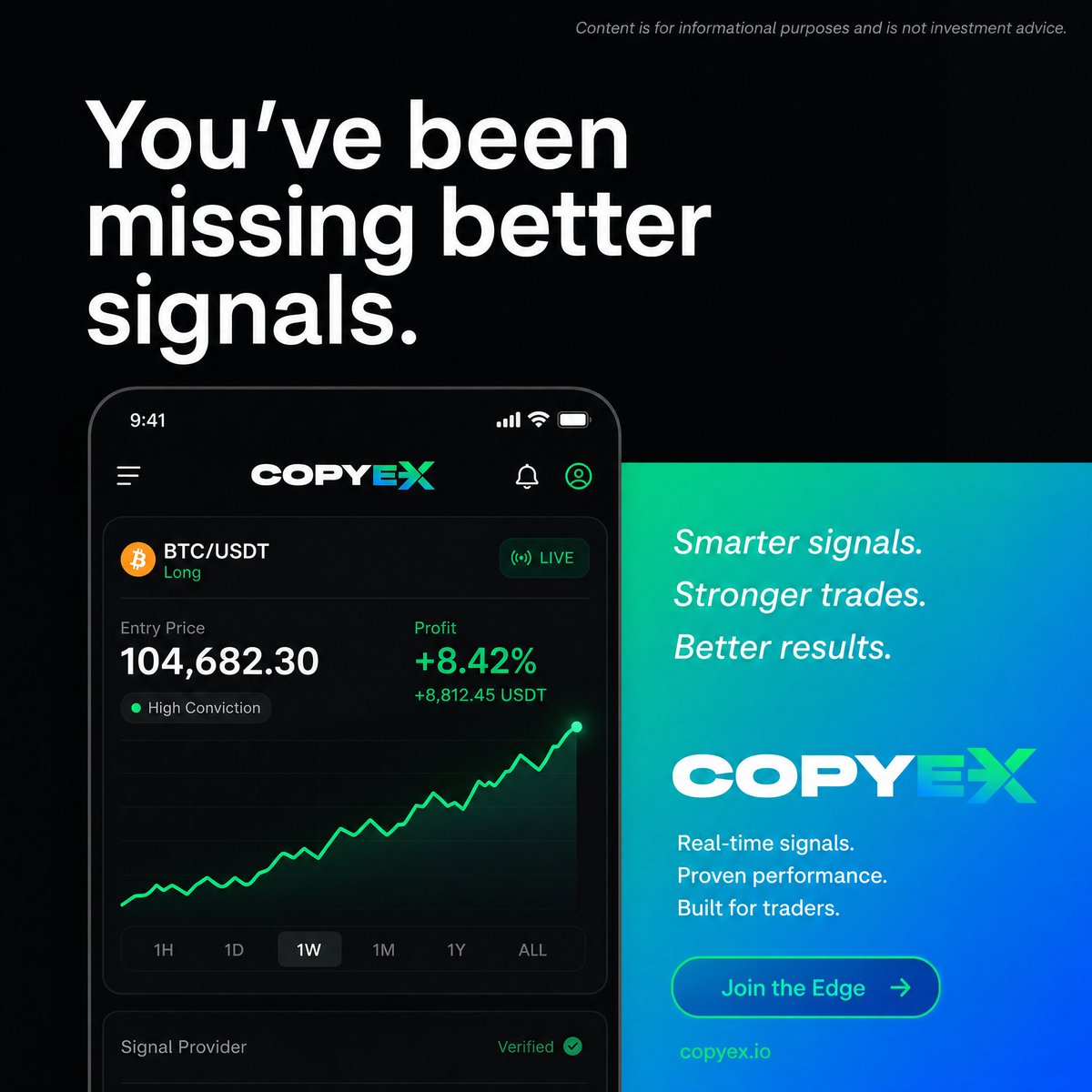 copyexio's tweet photo. If your current "edge" is a screenshot in a paid Discord; upgrade. Real-time signals. Proven performance. Built for traders. #CopyTrading #CryptoSignals #CopyEx https://t.co/c6U7fo1Cbv