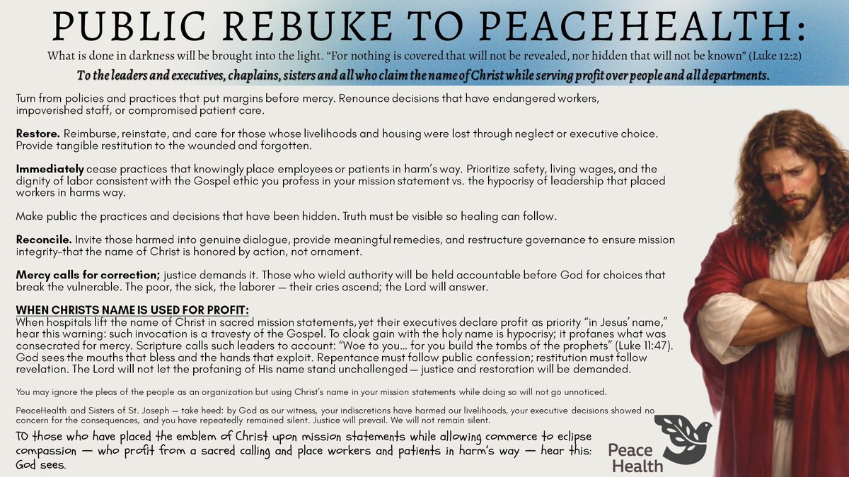 ProtectWorkers_'s tweet photo. @PeaceHealth_Ore @peacehealthsw @PeaceHealthSJMC @PeaceHealthStJo @ph_kmc 
PeaceHealth, answer for layoffs and misuse of influence—workers and communities deserve transparency, compassion, and true stewardship. #PublicRebuke #Accountability #FairTreatment https://t.co/ilsxApRCcT