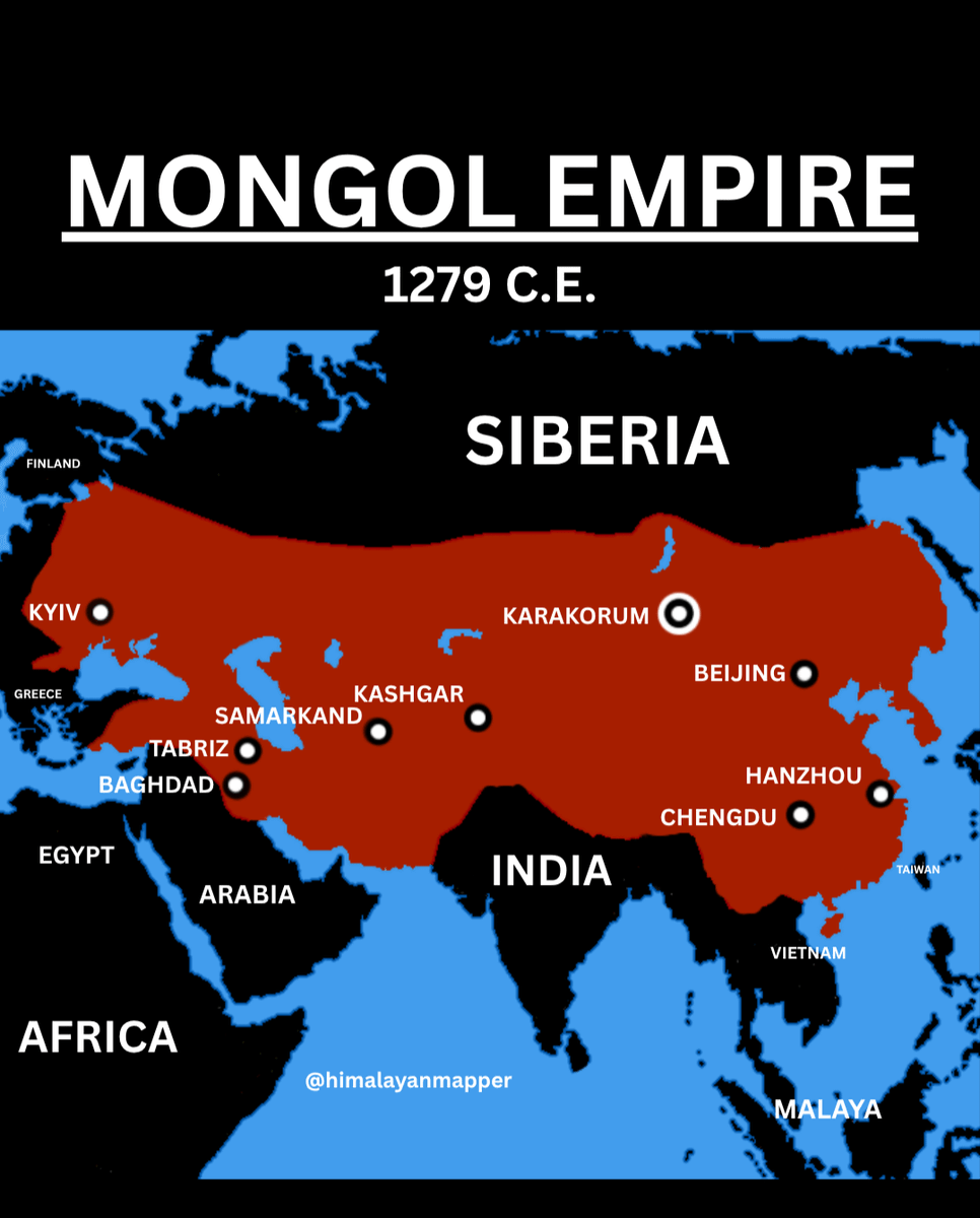 RinconGamerES's tweet photo. @Nictelux Si nos ponemos tontos yo creo que puedes seguir estudiando, acá tienes el mapa del imperio mongol que abarca desde 1225 hasta su pico de 1279 sin tener en cuenta las invasiónes/posiciones temporales de partes como Egipto o Japón antes de empezar a dividirse sobre 1368 hasta 1800. https://t.co/CsTE5yPpht