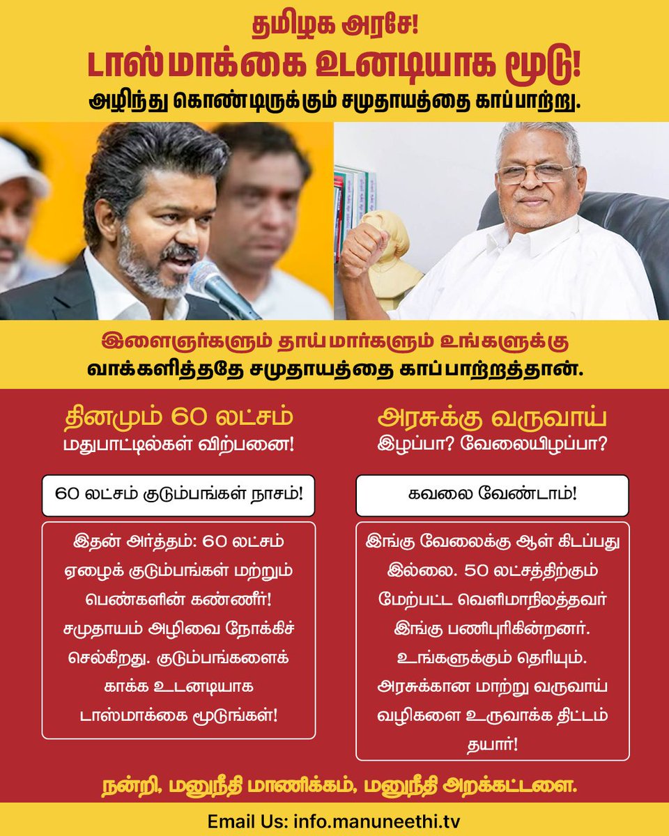 ManuNeethiGG's tweet photo. உங்களுக்கு வாக்களித்தவர்களில் பெரும்பான்மையானோர் இளைஞர்களும், டாஸ்மாக் கடைகளால் பாதிக்கப்பட்ட குடும்பப் பெண்களுமே ஆவர். இளைஞர்களும் பெண்களும் அரசிடம் எதிர்பார்ப்பது இலவசங்களை அல்ல—ஒரு வாய்ப்பை, முன்னேற்றத்திற்கான ஒரு ஏணியை! 

https://t.co/SrsHildqzy
#Notasmac #CMVijay‌ https://t.co/s0AF5W8WGX
