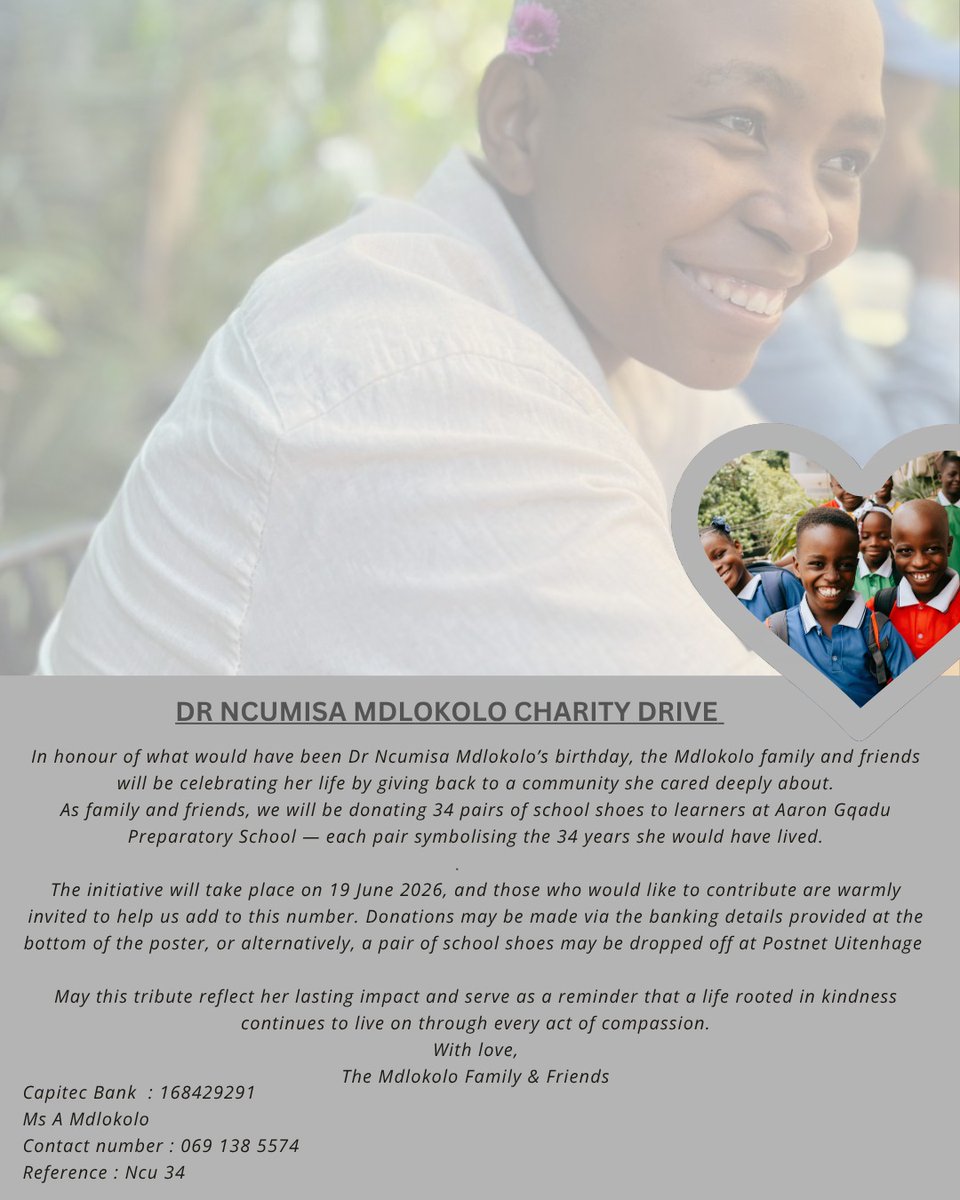 Bron_Pietersen's tweet photo. If anyone wants to contribute, please feel free to do so. Details are on the poster below. June is a particualrly tough month; however, we continue to celebrate who Ncumisa was and all she stood for 🤍 https://t.co/hHC0qegDuE