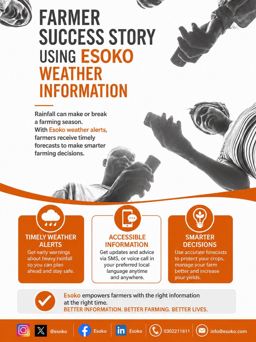 Esoko's tweet photo. When rainfall decides your harvest, timing is everything 
With Esoko alerts, farmers get information they can act on. Smarter decisions = better yields.  
#Esoko #DigitalFarming #FarmersFirst@worldvisiongh@iita_cgiar @visionfundghana @rdfghanalbg @careghana @actionaidghana @fao https://t.co/AEQjgtvI8U