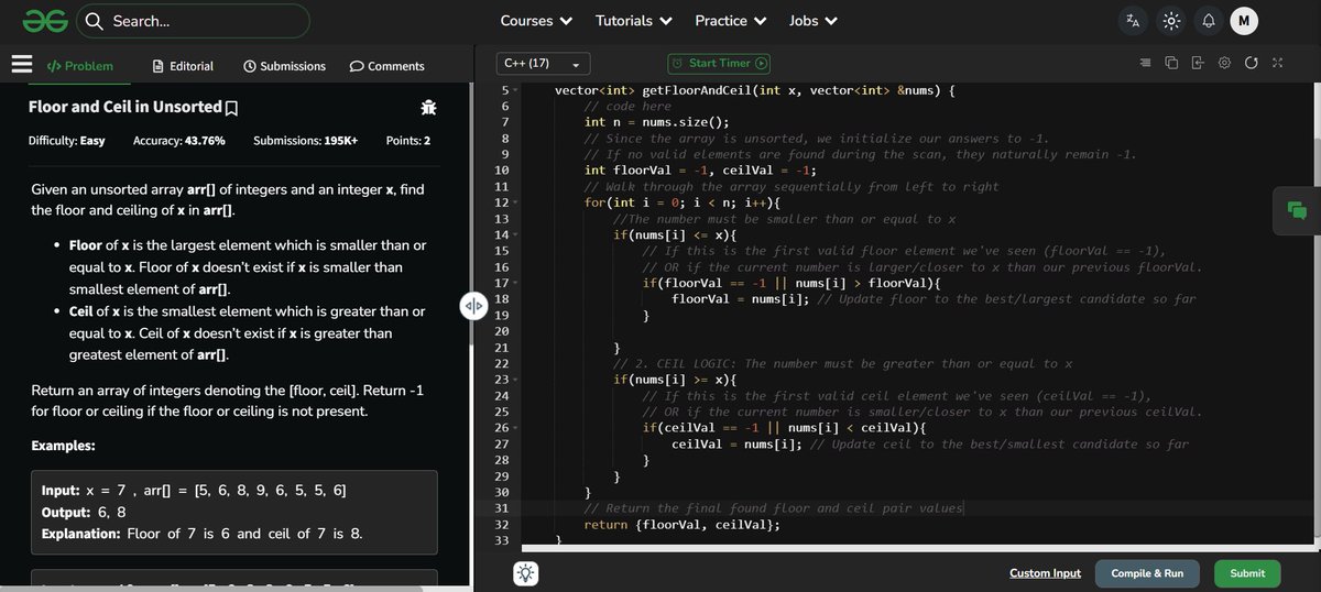 Muskanm_1227's tweet photo. Day 26/75 #75HardCoding | P-4 

Floor and Ceil in Unsorted Array

• Brute Force: O(n) TC | O(1) SC (Linear search)
• Optimal: O(n log n) TC | O(1) SC (Sort+Binary Search)

Details below👇
#DSA #DataStructures #Cplusplus #LeetCode #GeeksforGeeks #SoftwareEngineering #Consistency https://t.co/W4DcbrbDla