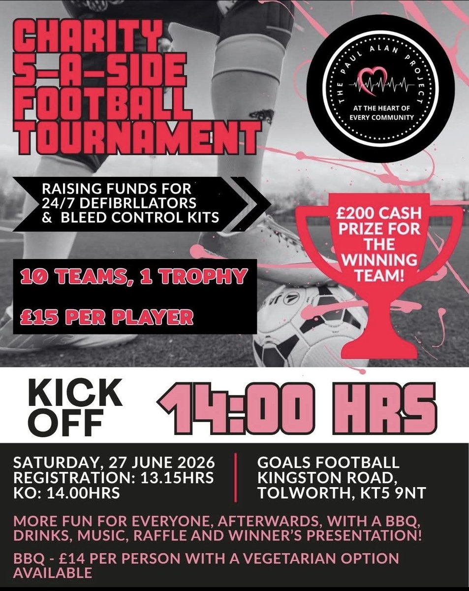 PaulAlanProject's tweet photo. Play football, save lives 🤍

🗓 Saturday, 27th June
⚽️ Goals, Tolworth
🏆 £200 winner's prize
🔗 https://t.co/wNWLazxuzj

#charityfootball #Goals #5aside #savealife #paulalanproject https://t.co/TujSPkOkht