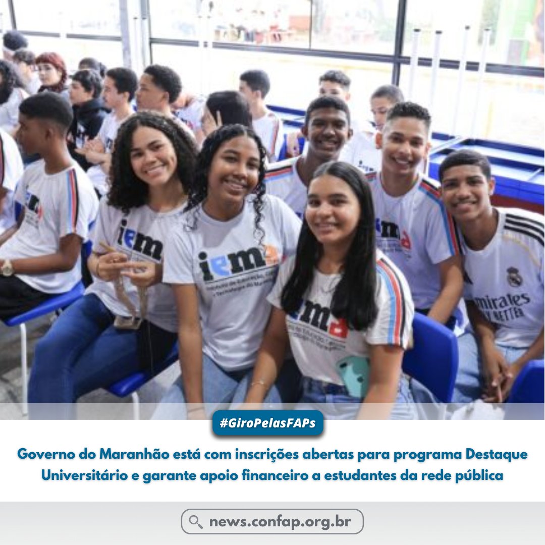confapbr's tweet photo. Governo do Maranhão está com inscrições abertas para programa Destaque Universitário e garante apoio financeiro a estudantes da rede pública.

➡️Leia mais:
https://t.co/gIgQs9DZVg

#GiroPelasFAPs #FAPEMA #Maranhão https://t.co/6MLGR85Z26